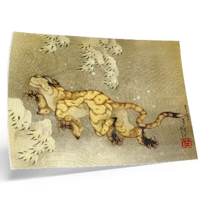 Väggposter Tiger i snön av Katsushika Hokusai hängande skriftrulle, bläck och färg på siden från 1849