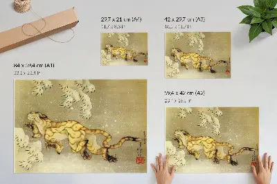 Väggposter Tiger i snön av Katsushika Hokusai hängande skriftrulle, bläck och färg på siden från 1849