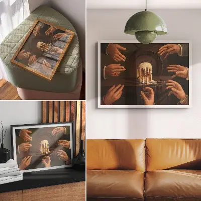 Poster med motiv av sju manliga händer som omger en ölmugg