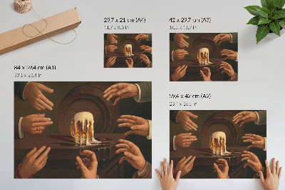 Poster Sju manliga händer som omger en mugg öl