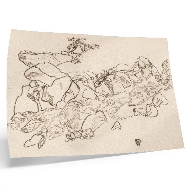 Bergsbäck (1917) av Egon Schiele linjeteckning från MET-museets samling som poster till sovrummet