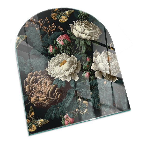 Glasskiva under kamin halvoval Blommönster med fjärilar