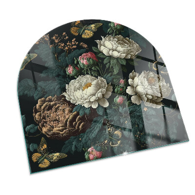 Glasskiva under kamin halvoval Blommönster med fjärilar
