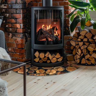 Glasskiva under kamin kvarten Låda med sågat trä