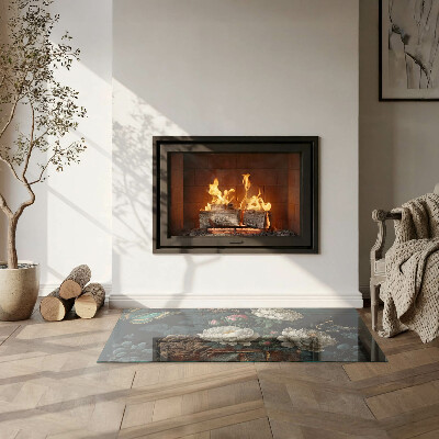 Glasskiva framför öppen spis rektangulär Blommönster med fjärilar