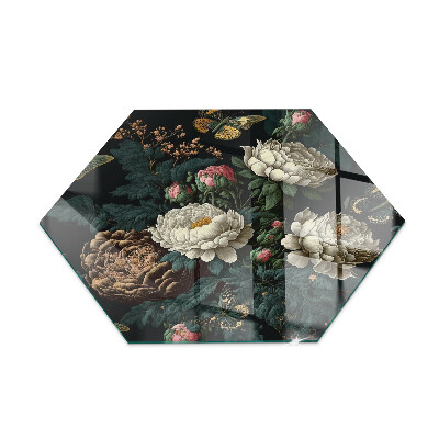 Glasskiva under kamin hexagonal Blommotiv med fjärilar