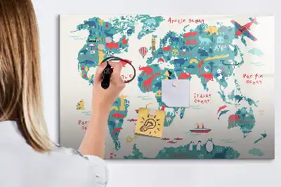 Illustrerad världskarta magnetisk tavla med penna