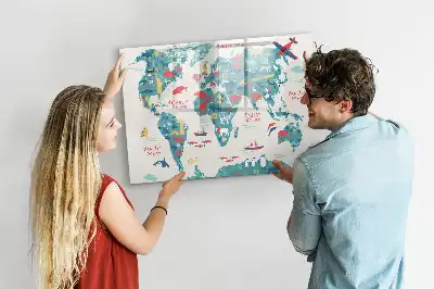 Illustrerad världskarta magnetisk tavla med penna