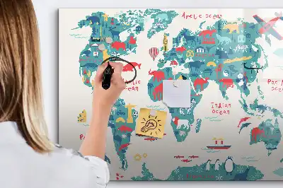 Illustrerad världskarta magnetisk tavla med penna