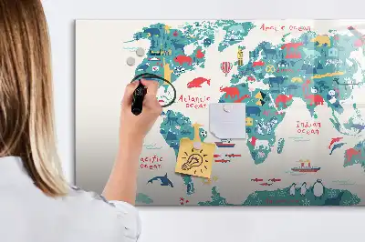 Illustrerad världskarta magnetisk tavla med penna