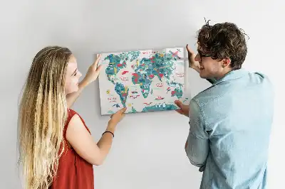 Illustrerad världskarta magnetisk tavla med penna