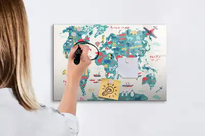 Illustrerad världskarta magnetisk tavla med penna