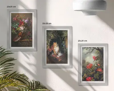 Tavelvägg med 3 tavlor med motiv av vintageblommor, katter och växter i naturen