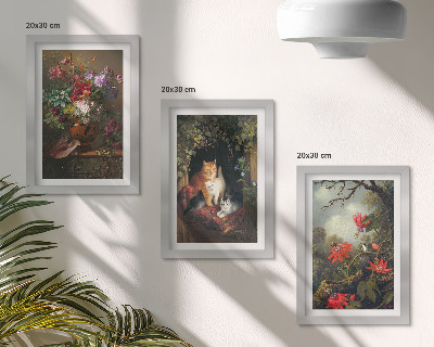 Tavelvägg med 3 tavlor Vintageblommor, katter och växter i naturen