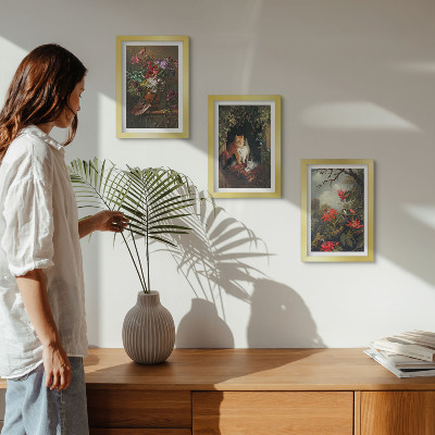 Tavelvägg med 3 tavlor Vintageblommor, katter och växter i naturen