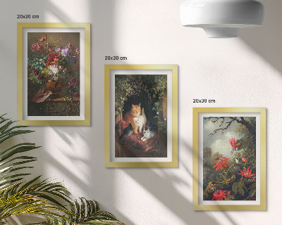 Tavelvägg med 3 tavlor Vintageblommor, katter och växter i naturen