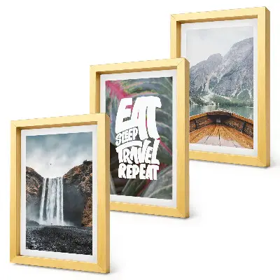 Posterpaket med motiv av vattenfall berg resa natur båt och vegetation
