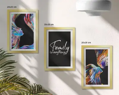 Triptyk med ram porträtt av människor med färgglada mönster och text om familjen