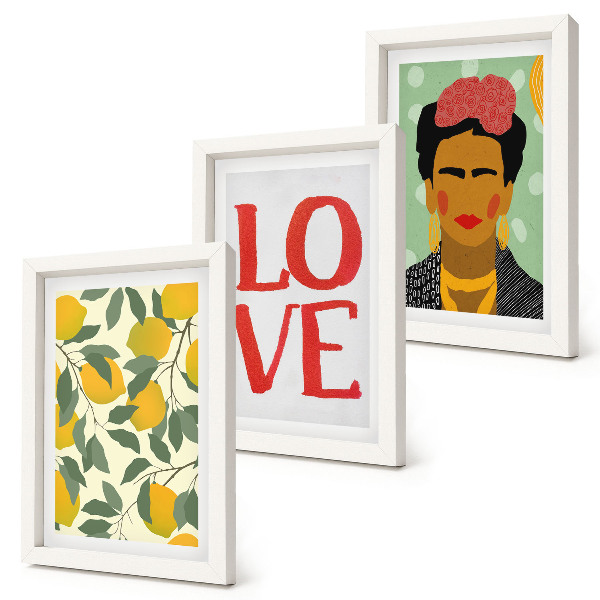Triptyk tavla med ram Citroner med inskriptionen LOVE målat porträtt av Frida Kahlo