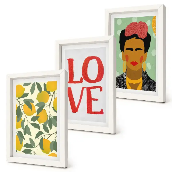 Triptyk med citröner och Frida Kahlo-porträtt tavla med ram och inskriptionen LOVE