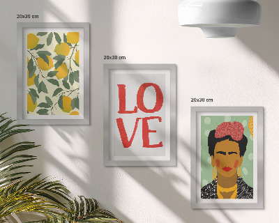 Triptyk tavla med ram Citroner med inskriptionen LOVE målat porträtt av Frida Kahlo