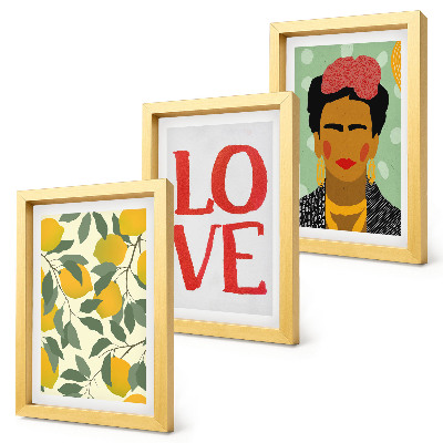 Triptyk tavla med ram Citroner med inskriptionen LOVE målat porträtt av Frida Kahlo