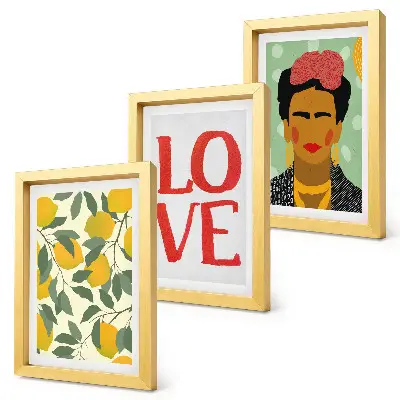 Triptyk med citröner och Frida Kahlo-porträtt tavla med ram och inskriptionen LOVE