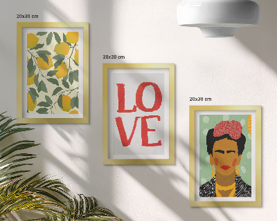 Triptyk tavla med ram Citroner med inskriptionen LOVE målat porträtt av Frida Kahlo