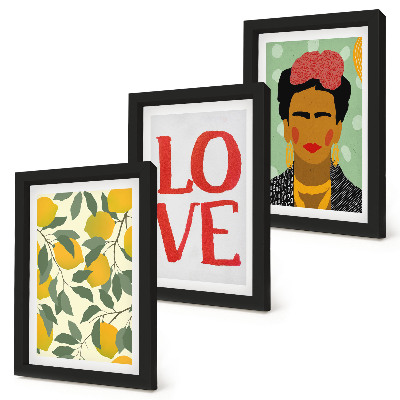 Triptyk tavla med ram Citroner med inskriptionen LOVE målat porträtt av Frida Kahlo