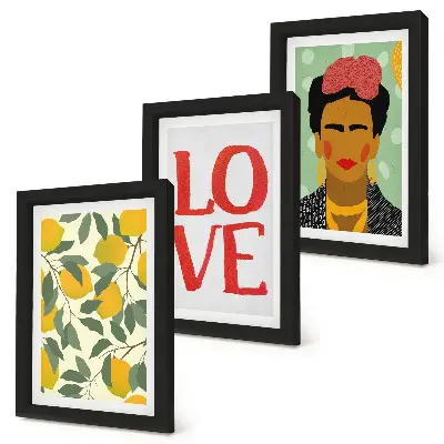 Triptyk med citröner och Frida Kahlo-porträtt tavla med ram och inskriptionen LOVE
