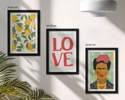 Triptyk tavla med ram Citroner med inskriptionen LOVE målat porträtt av Frida Kahlo