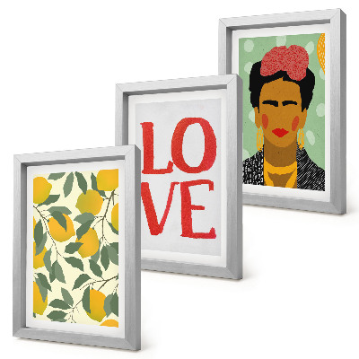Triptyk tavla med ram Citroner med inskriptionen LOVE målat porträtt av Frida Kahlo
