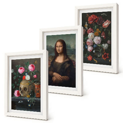 Tavelvägg med 3 tavlor Porträtt av Leonardo da Vinci, ett porträtt av en skalle och en Mona Lisa från en vintageblomma