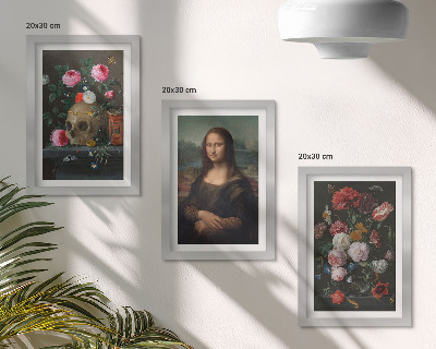 Tavelvägg med 3 tavlor Porträtt av Leonardo da Vinci, ett porträtt av en skalle och en Mona Lisa från en vintageblomma
