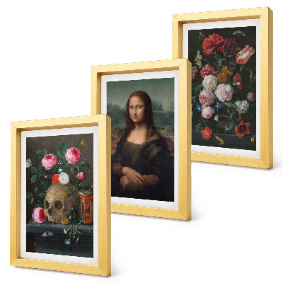 Tavelvägg med 3 tavlor Porträtt av Leonardo da Vinci, ett porträtt av en skalle och en Mona Lisa från en vintageblomma