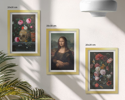 Tavelvägg med 3 tavlor Porträtt av Leonardo da Vinci, ett porträtt av en skalle och en Mona Lisa från en vintageblomma