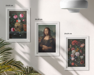 Tavelvägg med 3 tavlor Porträtt av Leonardo da Vinci, ett porträtt av en skalle och en Mona Lisa från en vintageblomma