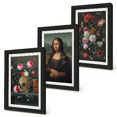 Tavelvägg med 3 tavlor porträtt av Leonardo da Vinci, en skalle och en blommande Mona Lisa