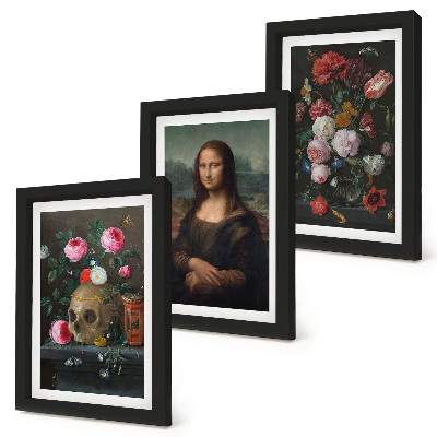 Tavelvägg med 3 tavlor Porträtt av Leonardo da Vinci, ett porträtt av en skalle och en Mona Lisa från en vintageblomma