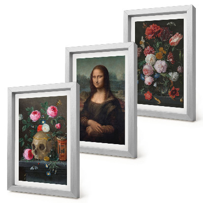 Tavelvägg med 3 tavlor Porträtt av Leonardo da Vinci, ett porträtt av en skalle och en Mona Lisa från en vintageblomma