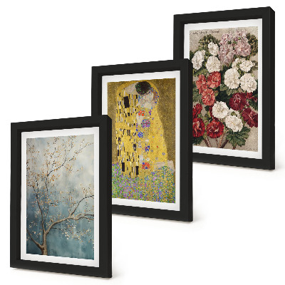 Tavelvägg med 3 tavlor Blommor och träd i målningsstilen Kyssen av Gustav Klimt