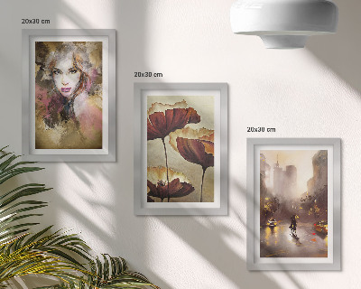 Triptyk tavla med ram Abstrakt porträtt av en kvinna, blommor, stad i regnet