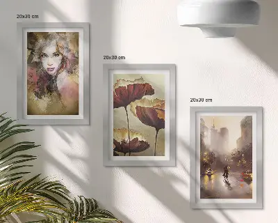 Triptyk tavla med ram abstrakt porträtt av en kvinna med blommor och en stad i regnet