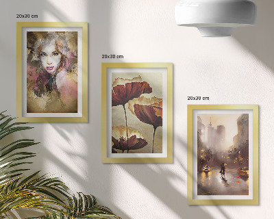 Triptyk tavla med ram Abstrakt porträtt av en kvinna, blommor, stad i regnet
