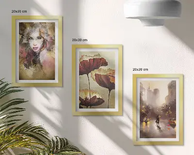 Triptyk tavla med ram abstrakt porträtt av en kvinna med blommor och en stad i regnet
