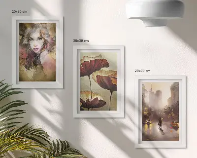 Triptyk tavla med ram abstrakt porträtt av en kvinna med blommor och en stad i regnet