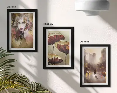 Triptyk tavla med ram abstrakt porträtt av en kvinna med blommor och en stad i regnet