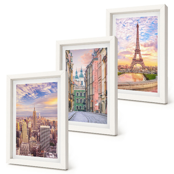 Posterpaket Utsikt över städerna New York, Paris och Warszawa i skymningen