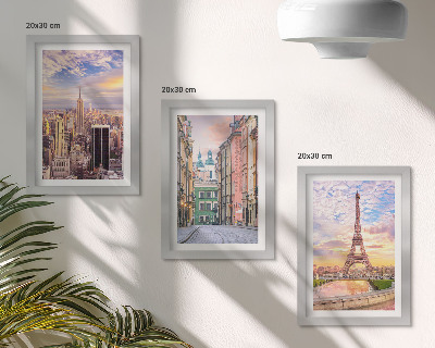 Posterpaket Utsikt över städerna New York, Paris och Warszawa i skymningen