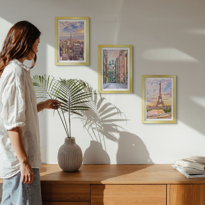 Posterpaket Utsikt över städerna New York, Paris och Warszawa i skymningen